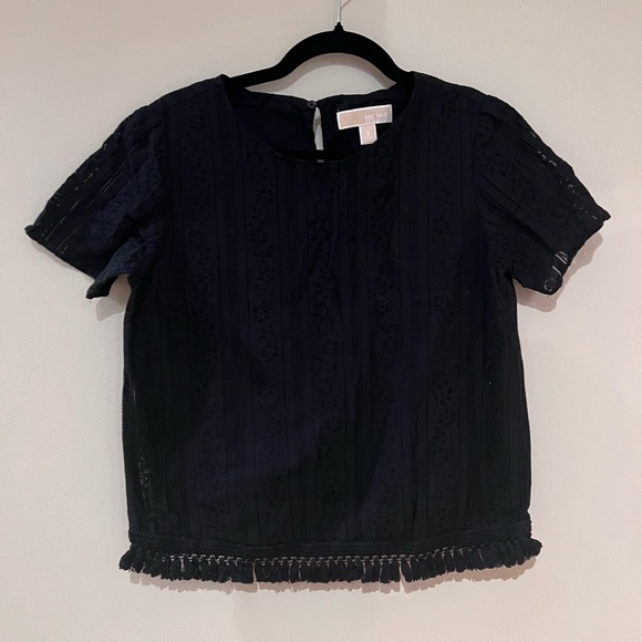 Michael Kors Black Basics Short Sleeve Lace Fringe Cotton Top - Picture 1 of 4